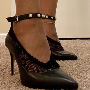 Black Pearl Ankle Strap Leather Heels